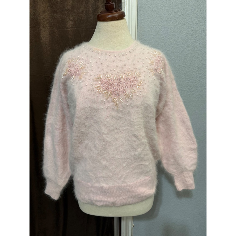Vintage 80s Big Star Sweater M Pink Angora Wool Beaded Heart Puff Sleeve